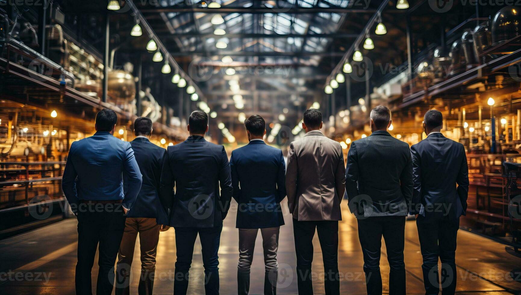 Back view of a group of business people standing in a warehouse. AI Generated. photo