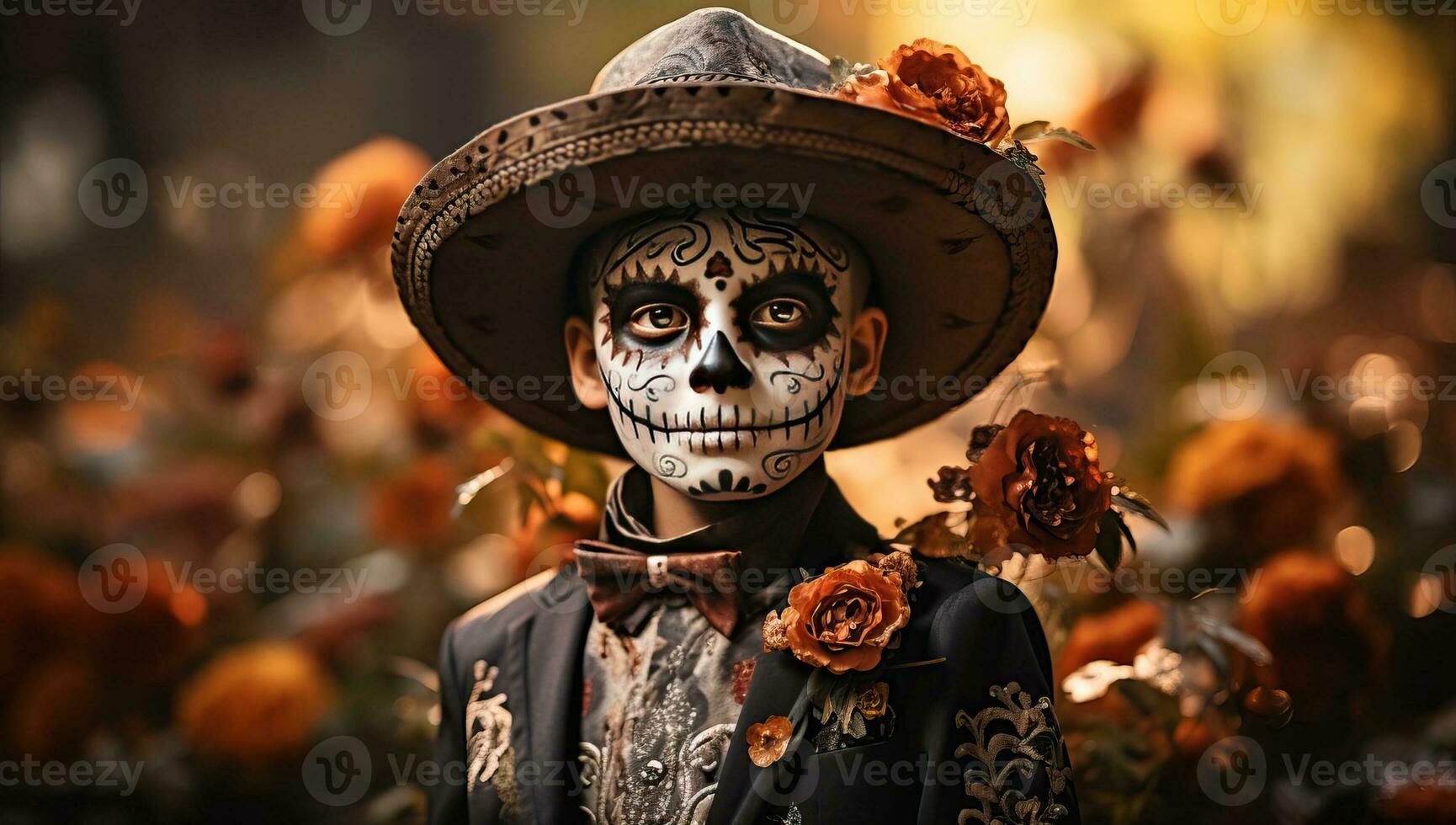 Close up portrait of a child dressed as a sugar skull for Halloween. AI Generated. photo