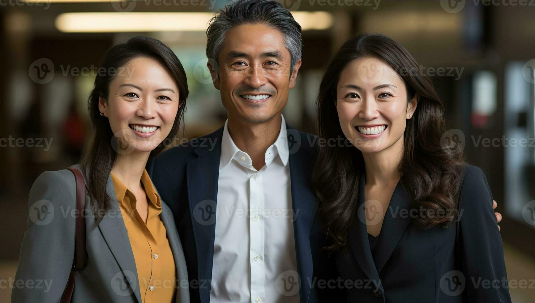 Portrait of smiling asian business team standing together at office lobby. AI Generated. photo