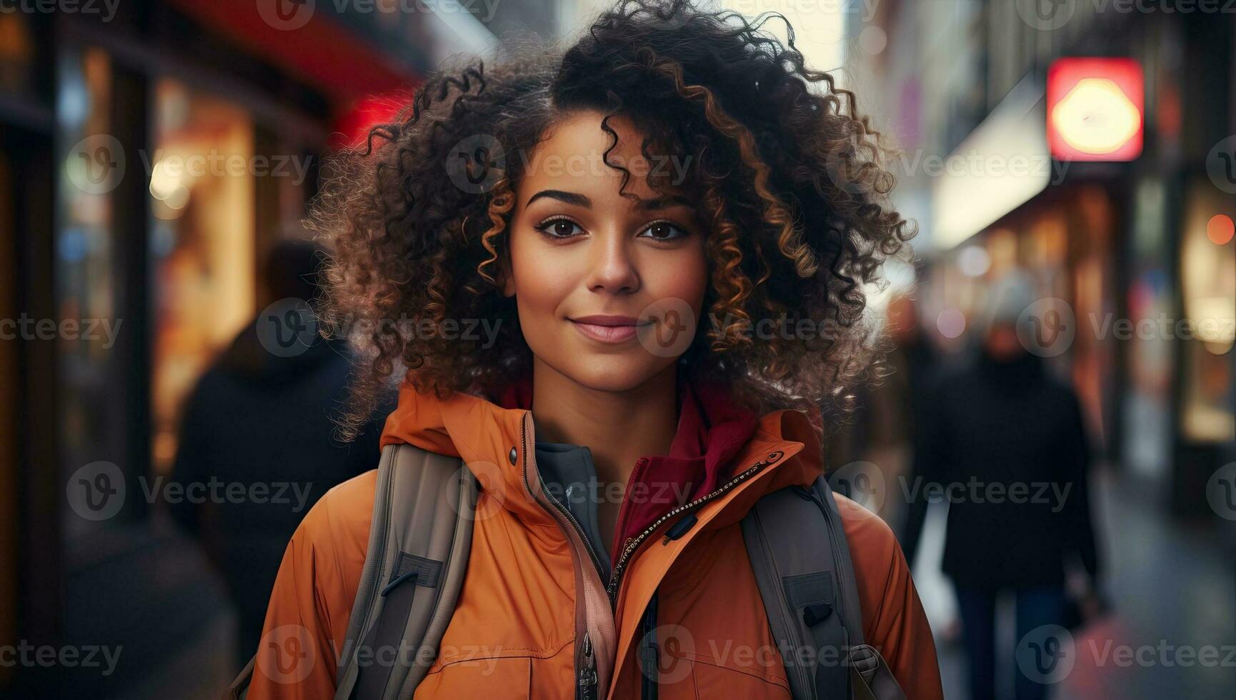 Beautiful african american woman with curly hair walking in the city. AI Generated. photo