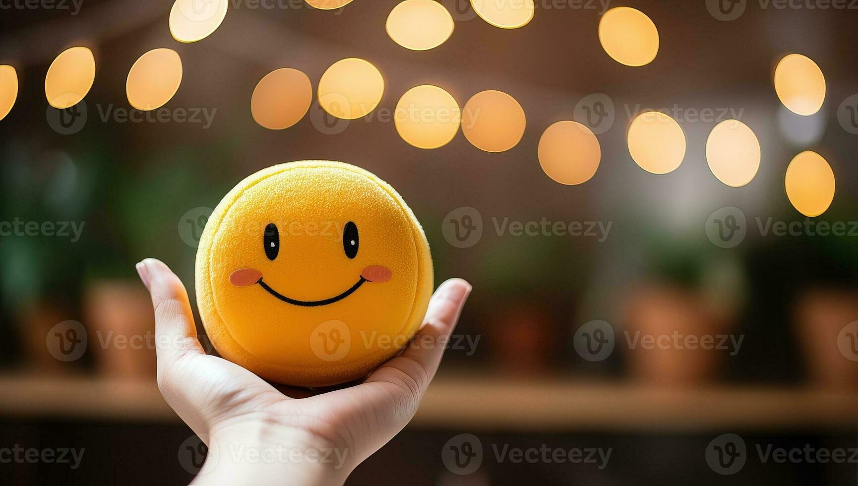 Hand holding a yellow macaroon with a smiley face. AI Generated. photo