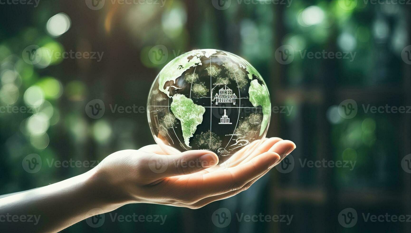 Woman hand holding a glass globe with world map in nature background. AI Generated. photo