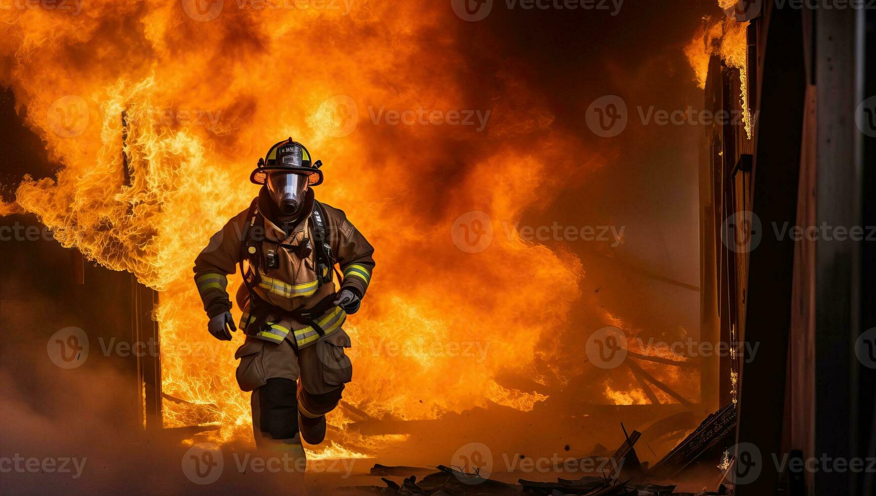 Firefighter in action, fighting a fire in a burning building. AI Generated. photo