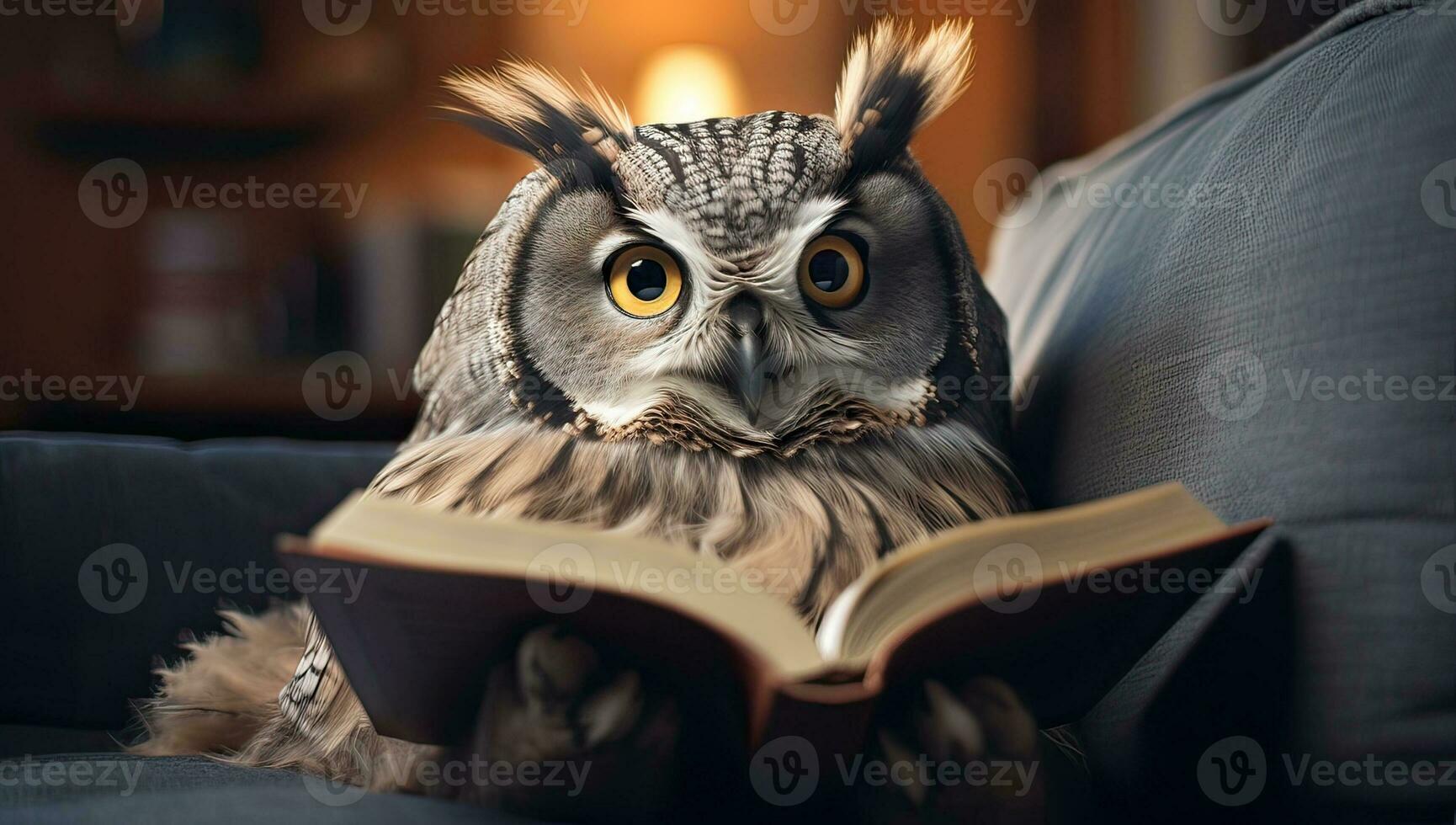 Owl reading a book on the sofa in the living room. AI Generated. photo