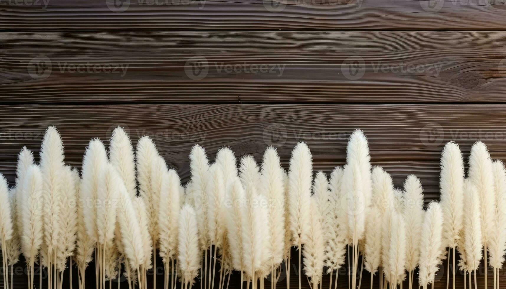 White pampas grass on brown wooden background with copy space. AI Generated. photo