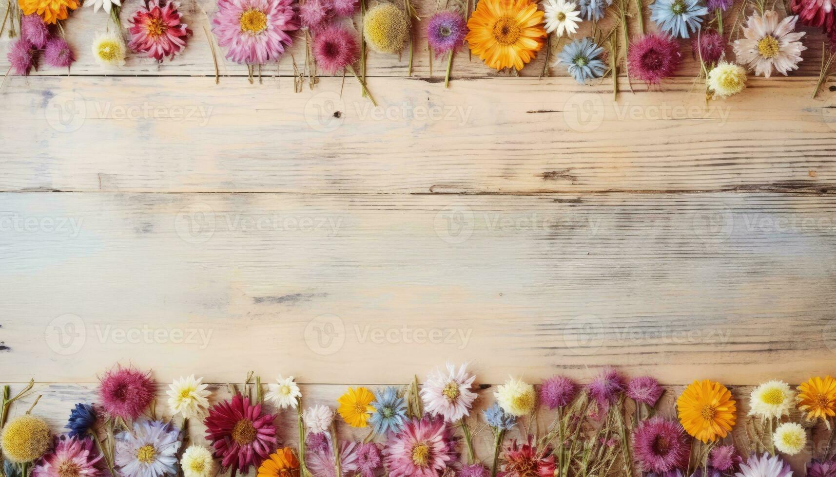 Colorful wildflowers on rustic wooden background with copy space. AI Generated. photo