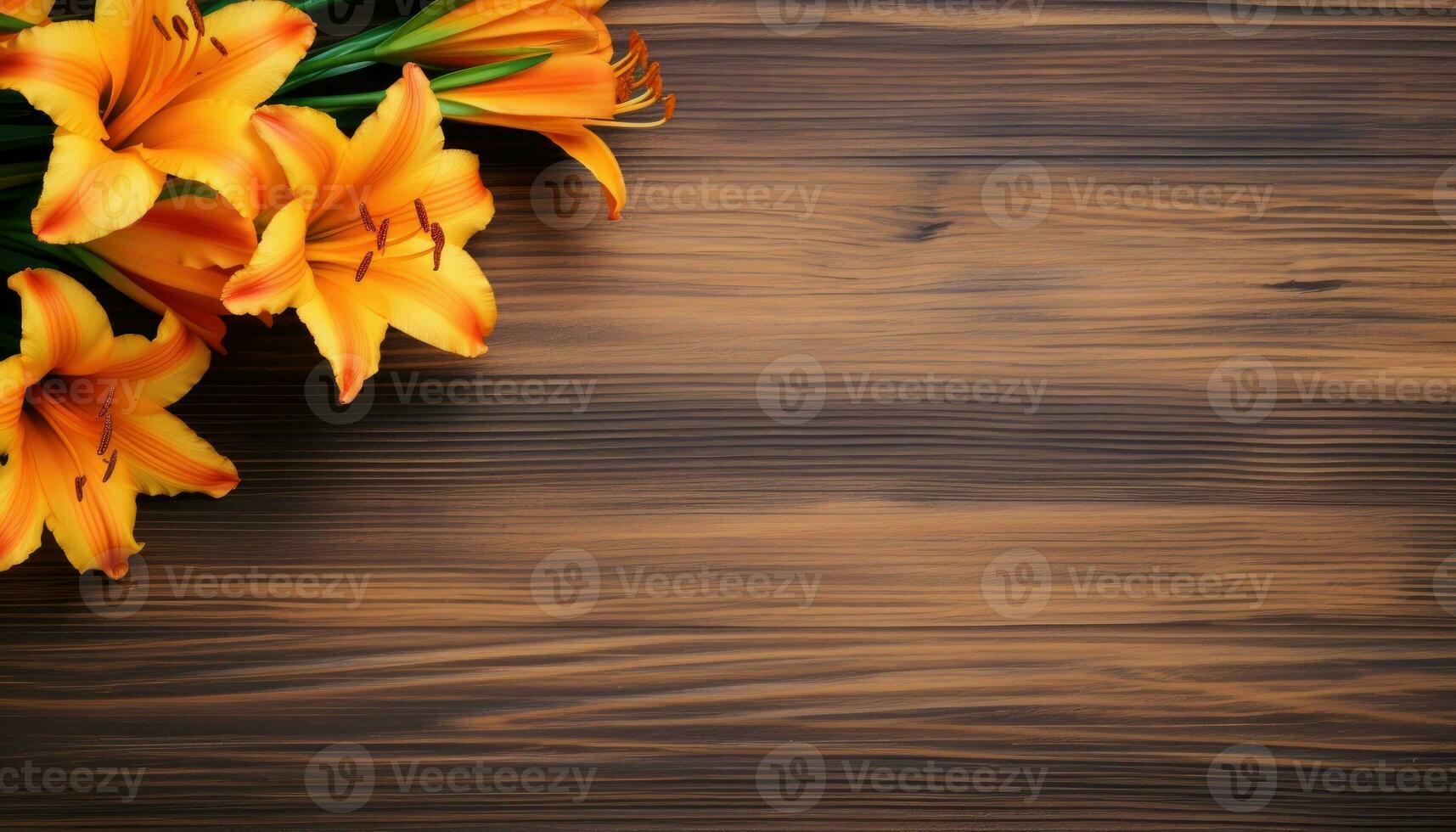 ramo de flores de lirios en un de madera antecedentes. parte superior vista. ai generado. foto