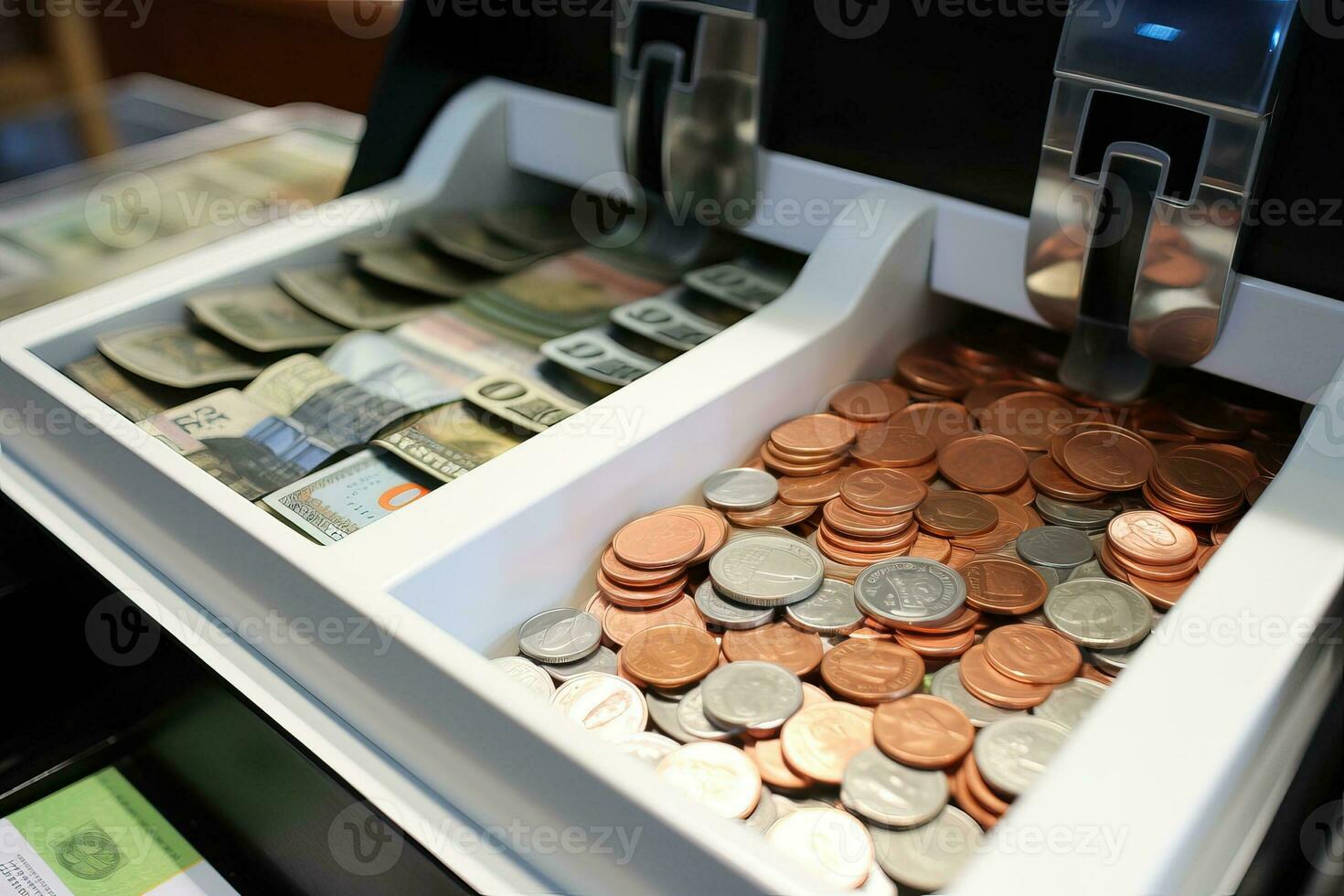 Cash register with coins in cash box, closeup view. AI Generated
