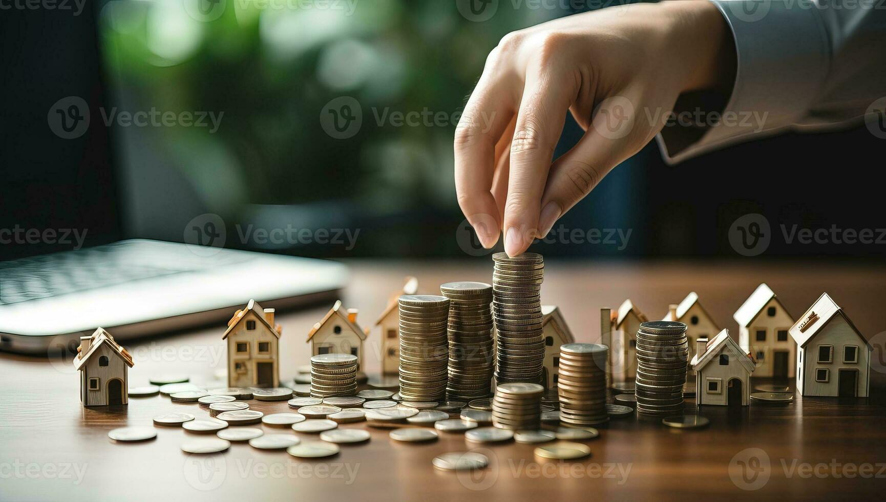 Hands of real estate agent putting coins on top of stack of coins with wooden house model. AI Generated. photo