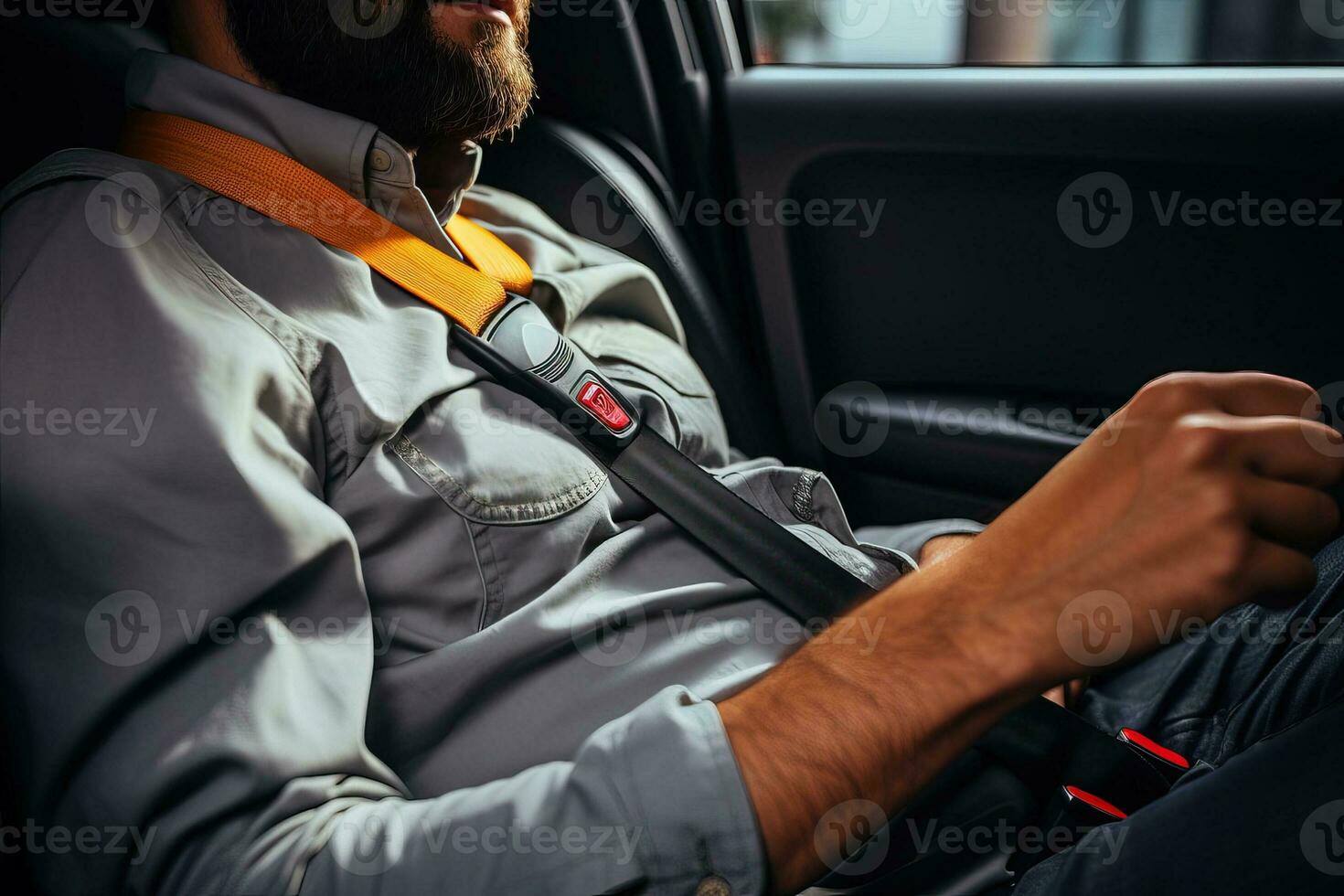 Cropped image of man fastening seat belt while sitting in car. AI Generated. photo