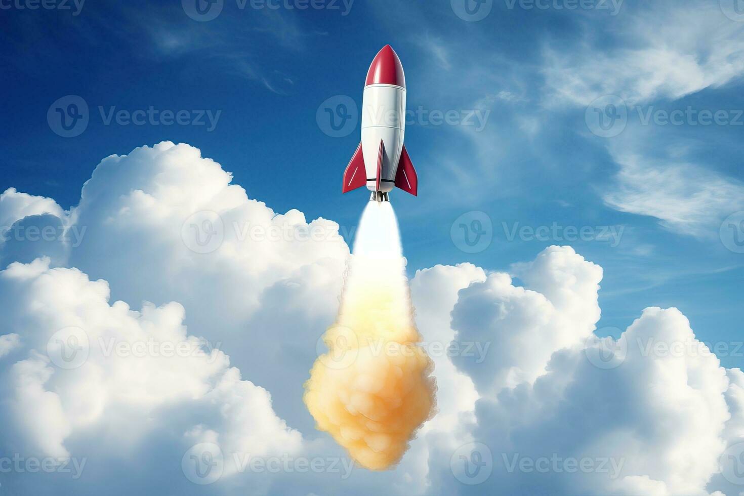 Rocket flying high in the blue sky with white clouds. AI Generated. photo