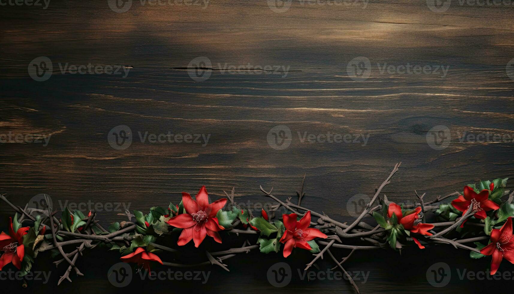Christmas background with red poinsettia flowers on dark wooden board. AI Generated. photo