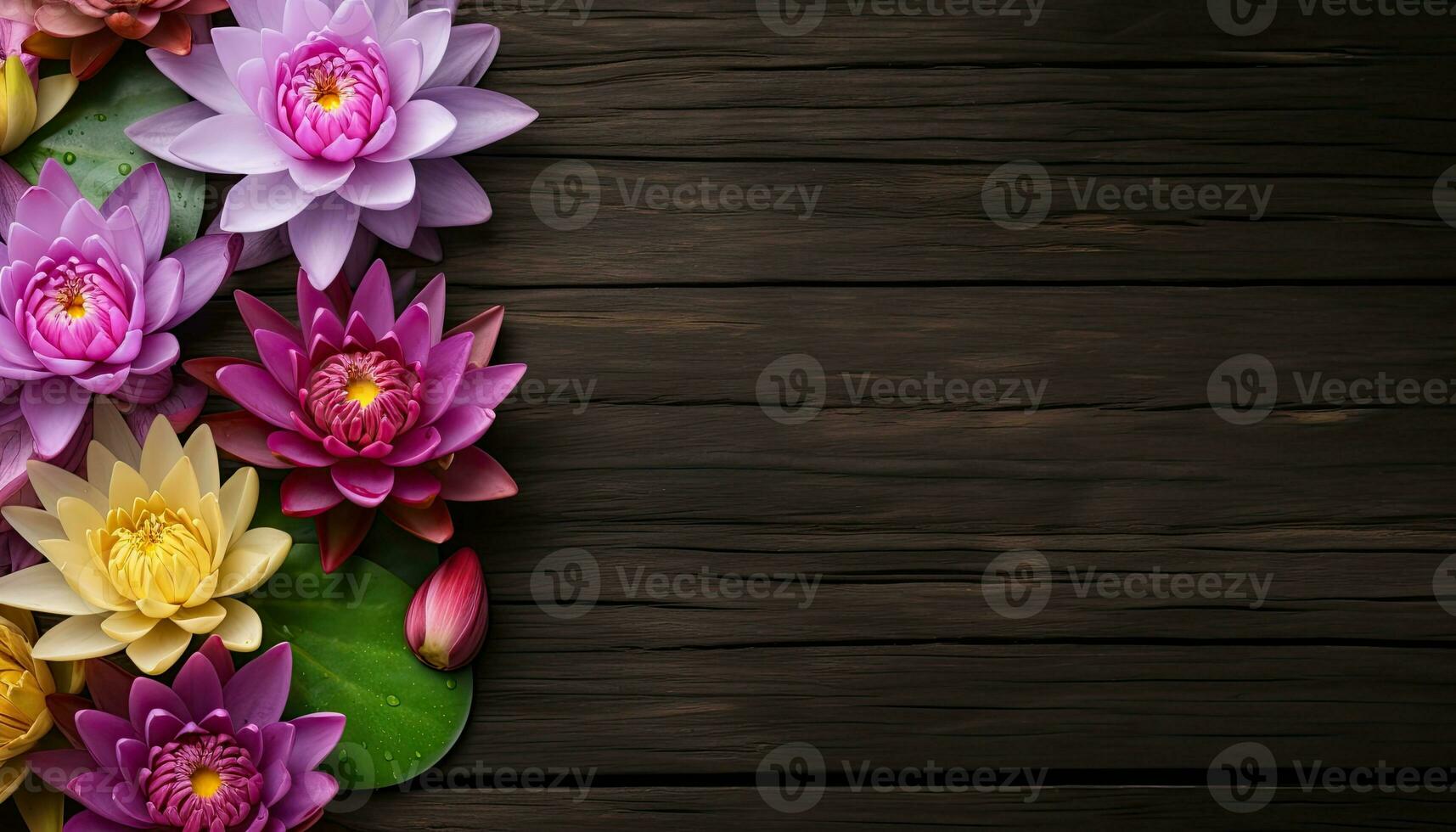 Lotus flower on old wood background with copy space for text. AI Generated. photo