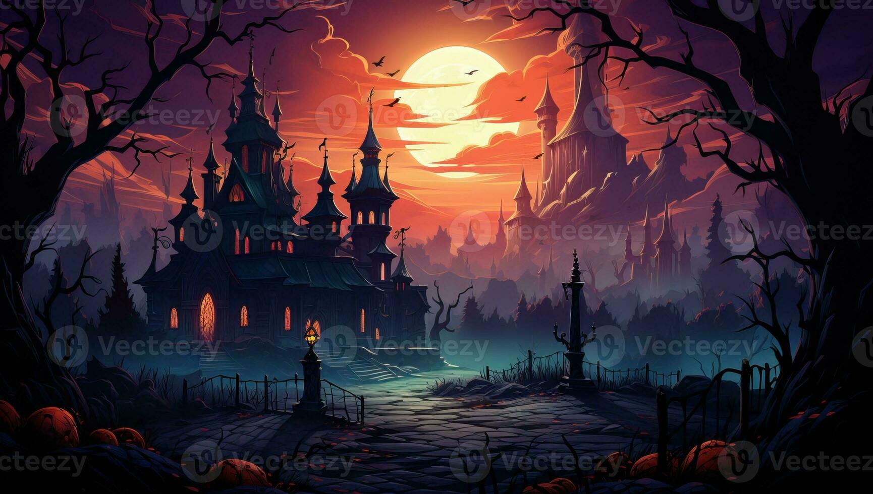 Halloween background with spooky castle and moon. AI Generated. photo