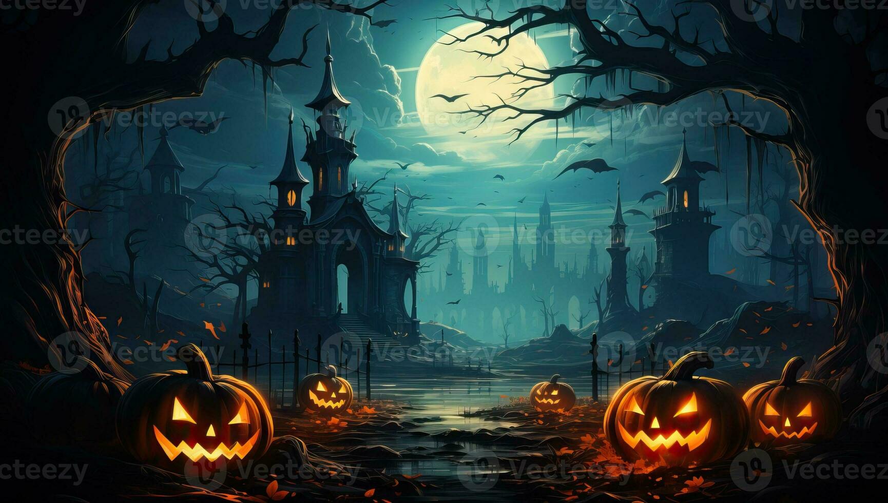 Halloween background with pumpkins, spooky castle and dark forest. AI Generated. photo