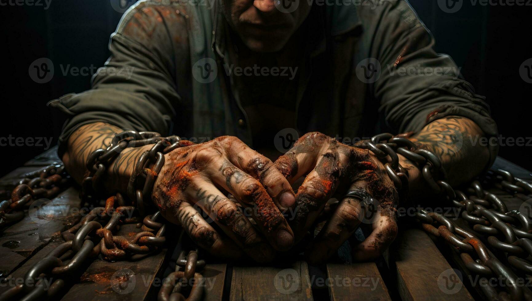 Hands of a man with tattoos on his arms and hands chained to a wooden table. AI Generated. photo