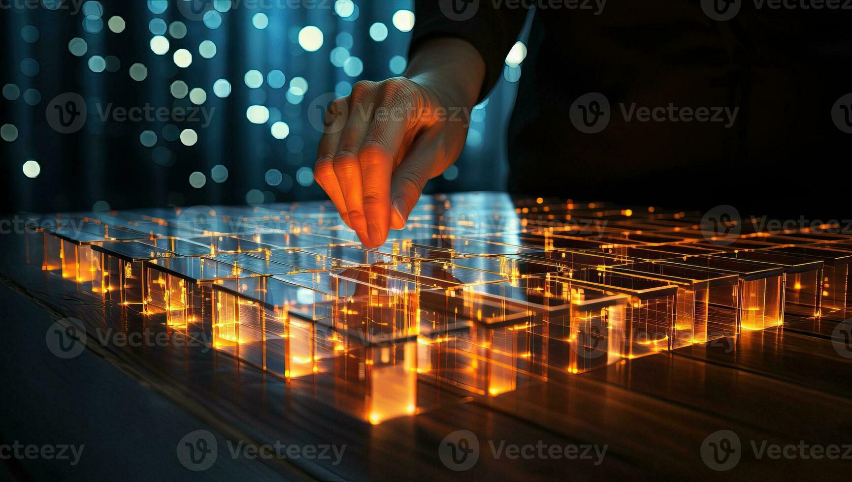 Close up of human hand touching with finger glowing cube. Innovation concept. AI Generated. photo