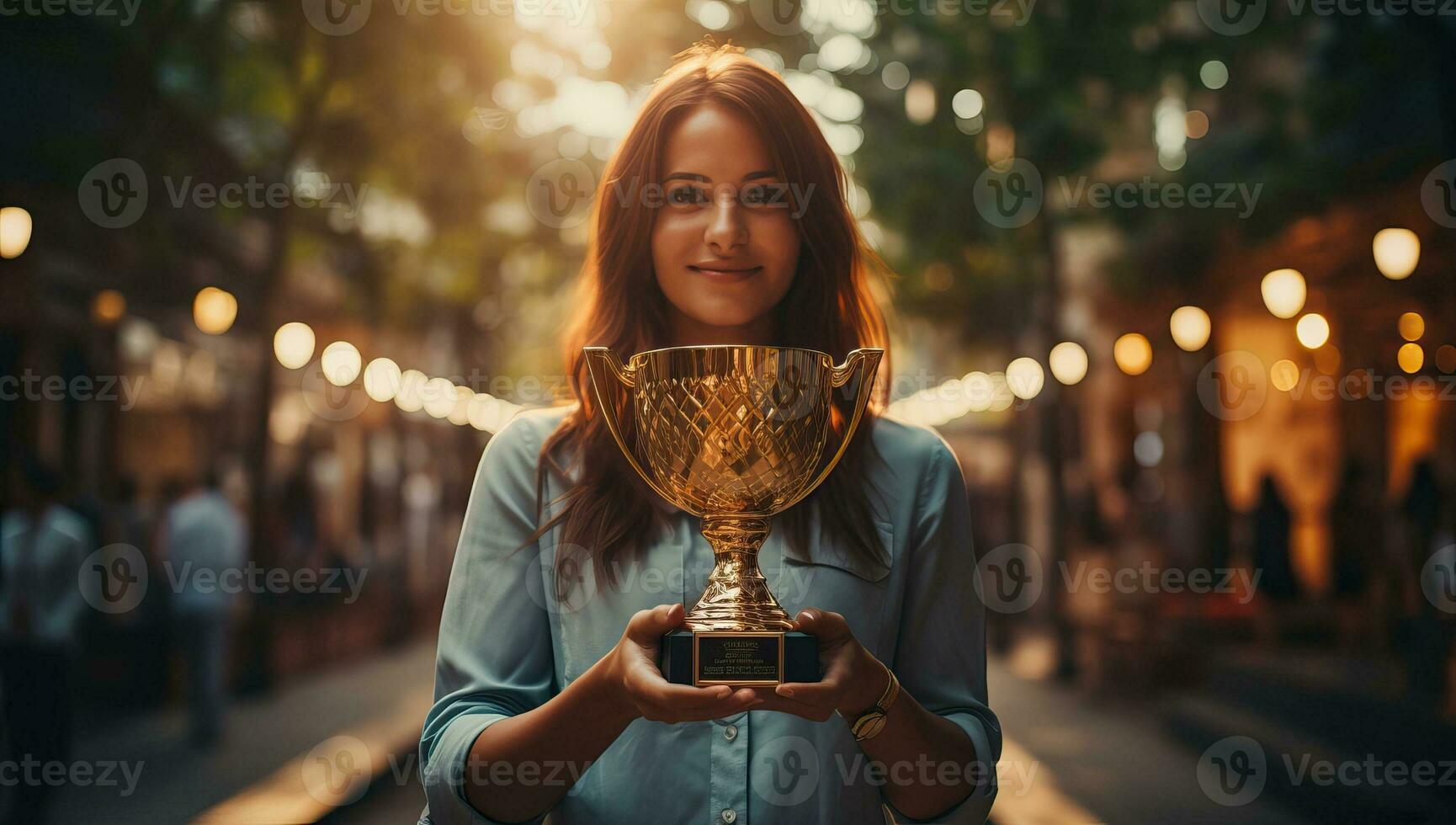 Portrait of a beautiful young woman holding a trophy on the street. AI Generated. photo