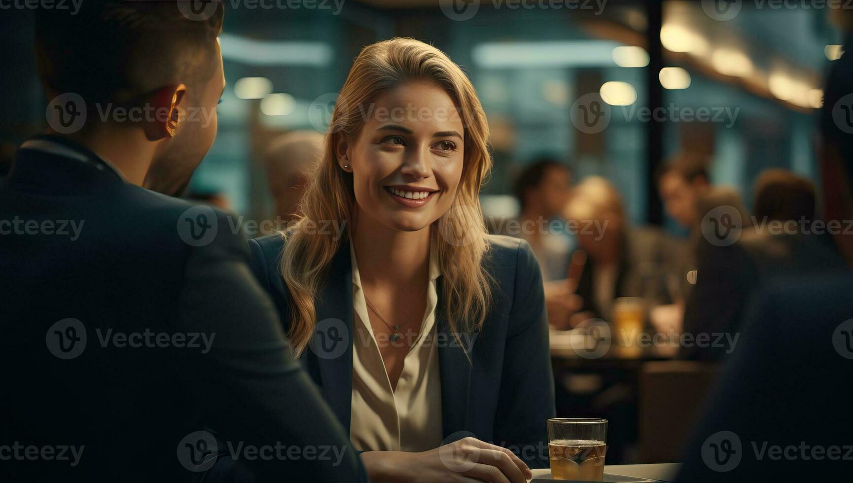 businesswoman is talking to her colleague and smiling while sitting in cafe. AI Generated. photo