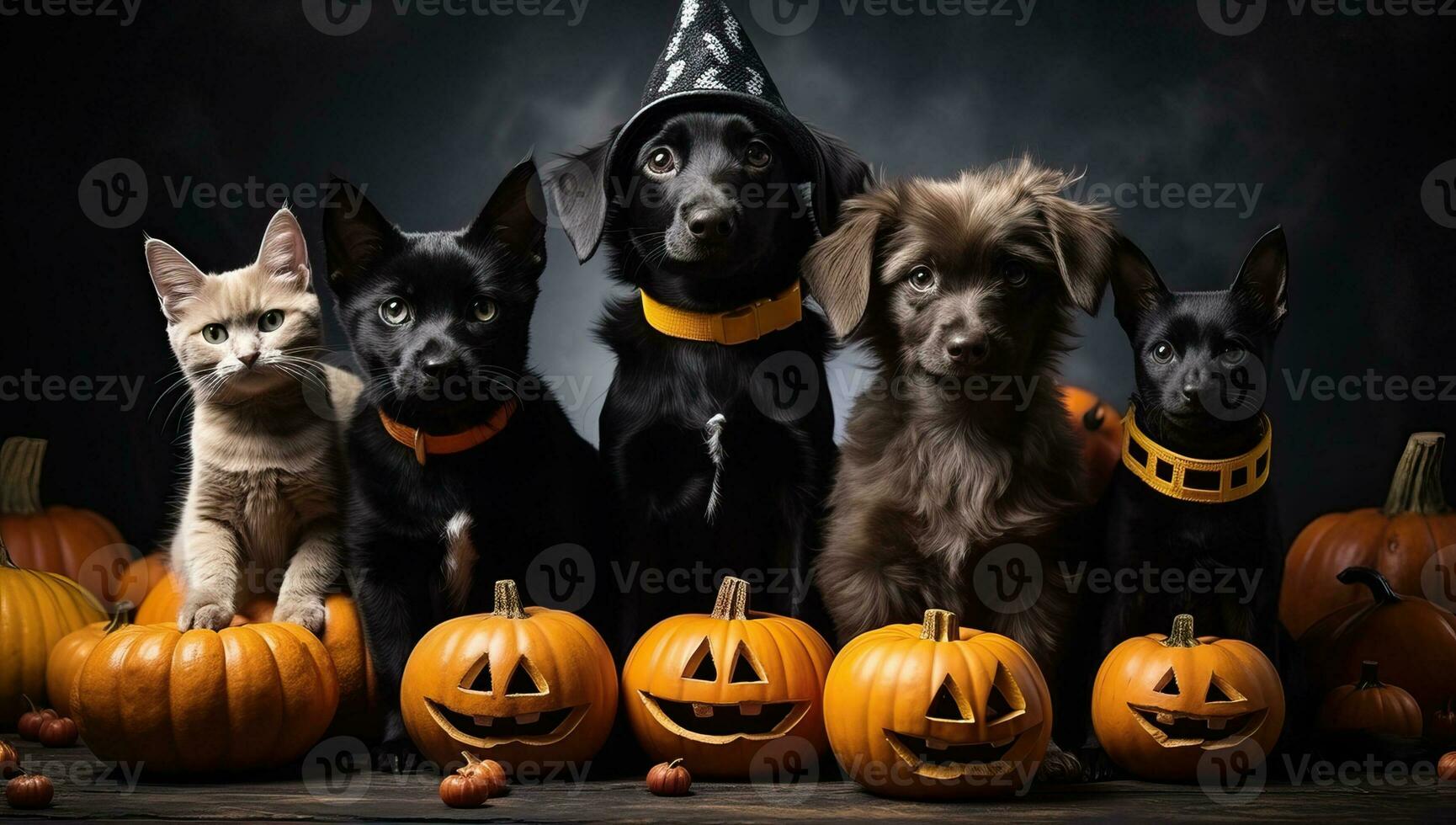 Group of dogs and cats in Halloween costumes with pumpkins on dark background. AI Generated. photo