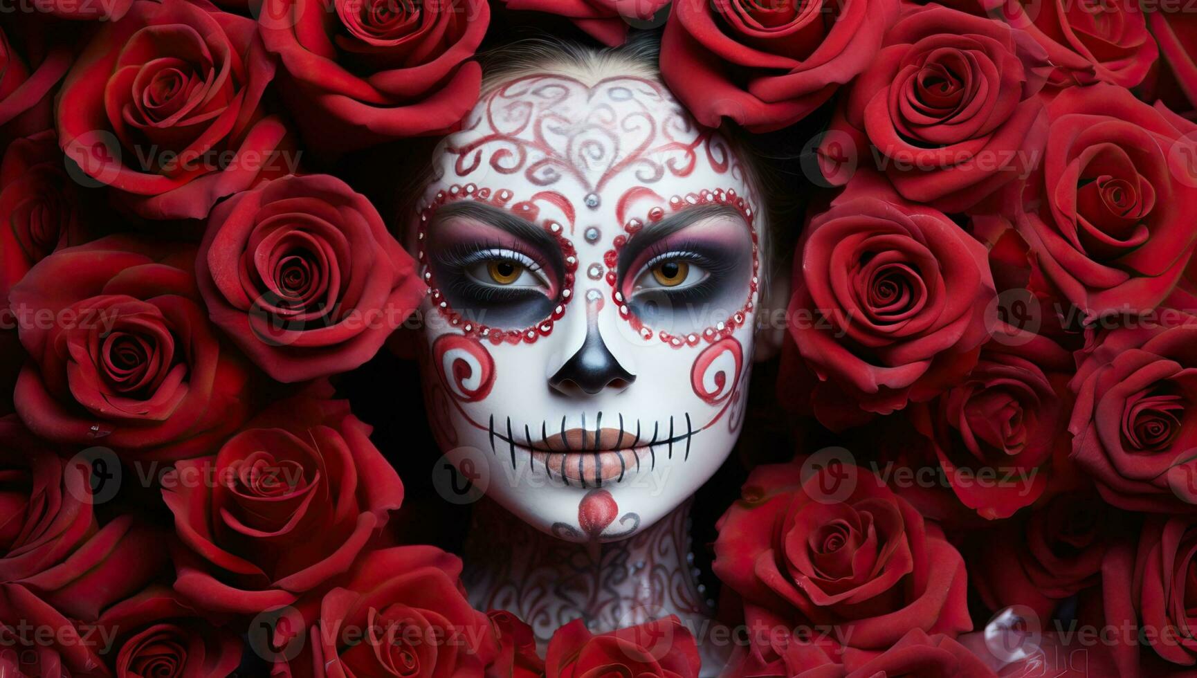 Day of The Dead sugar skull makeup with red roses on dark background. AI Generated. photo