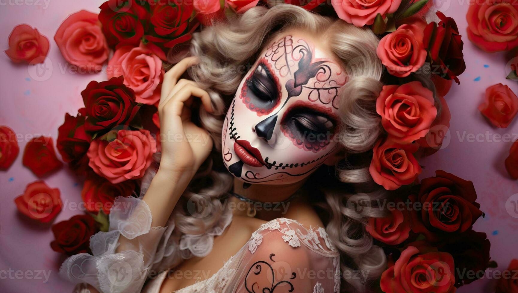 Beautiful girl with sugar skull makeup and red roses lying on the floor. AI Generated. photo