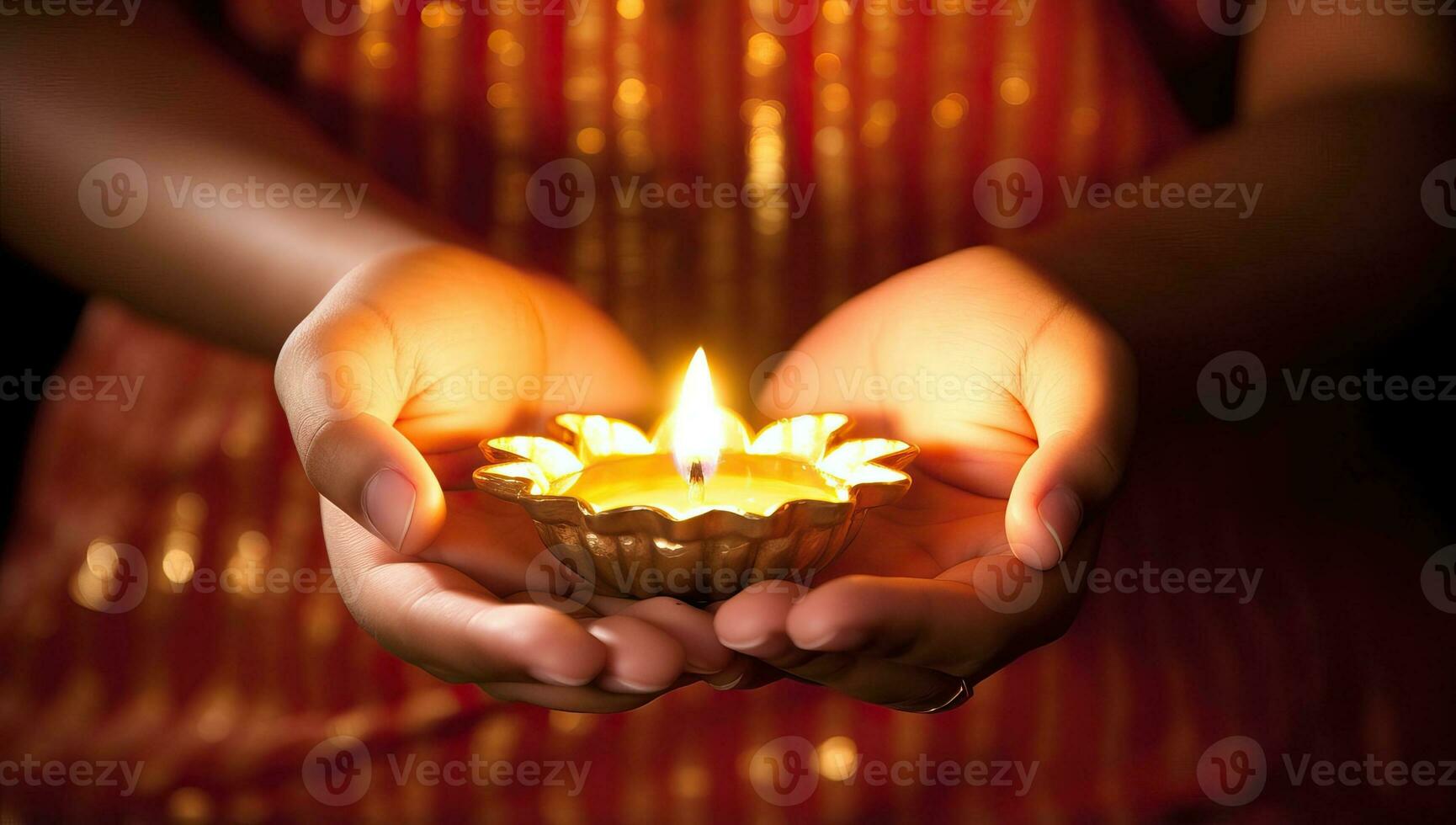 Close up of woman hands holding diwali diya or oil lamp. AI Generated. photo