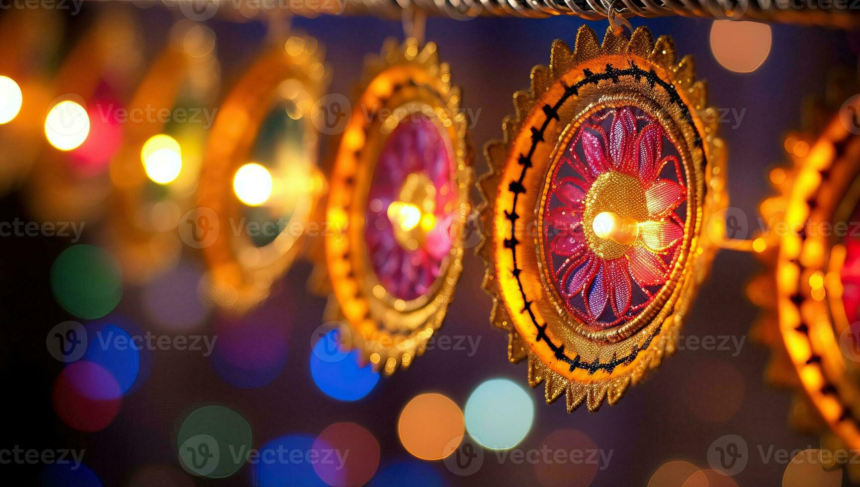 Indian Festival Diwali, Colorful diya lamps lit during Diwali celebration. AI Generated. photo