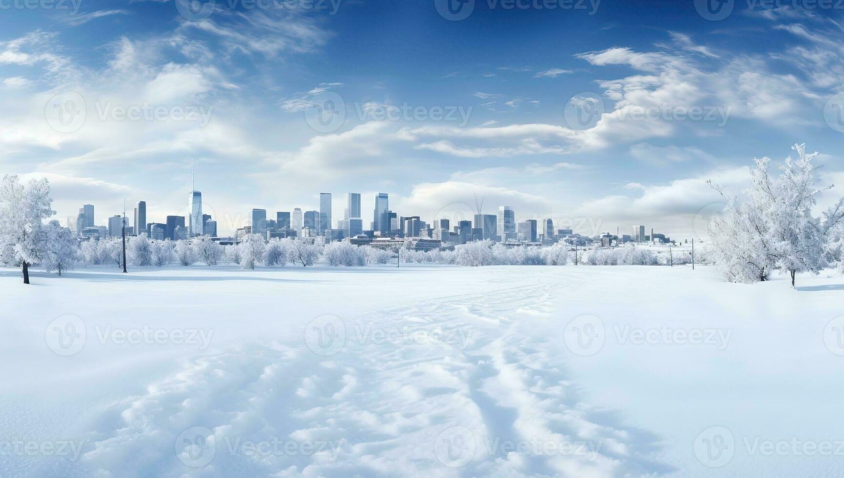 invierno ciudad panorama con rascacielos y arboles cubierto con nieve. ai generado. foto