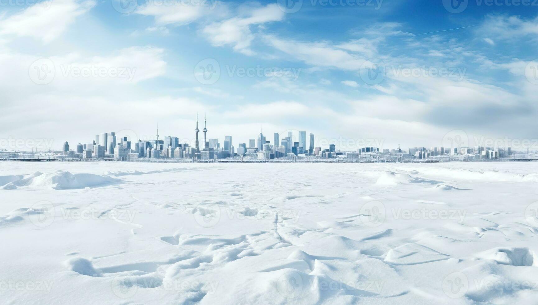 panoramic view of modern city on snow in winter with blue sky. AI Generated. photo