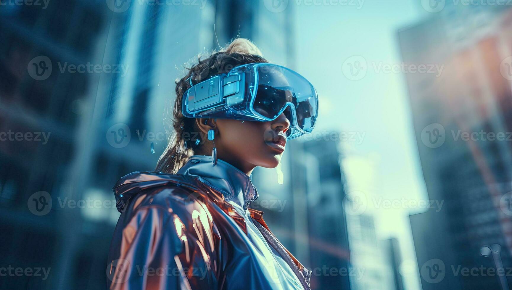 hermosa africano americano mujer en virtual realidad auriculares en ciudad antecedentes. ai generado. foto