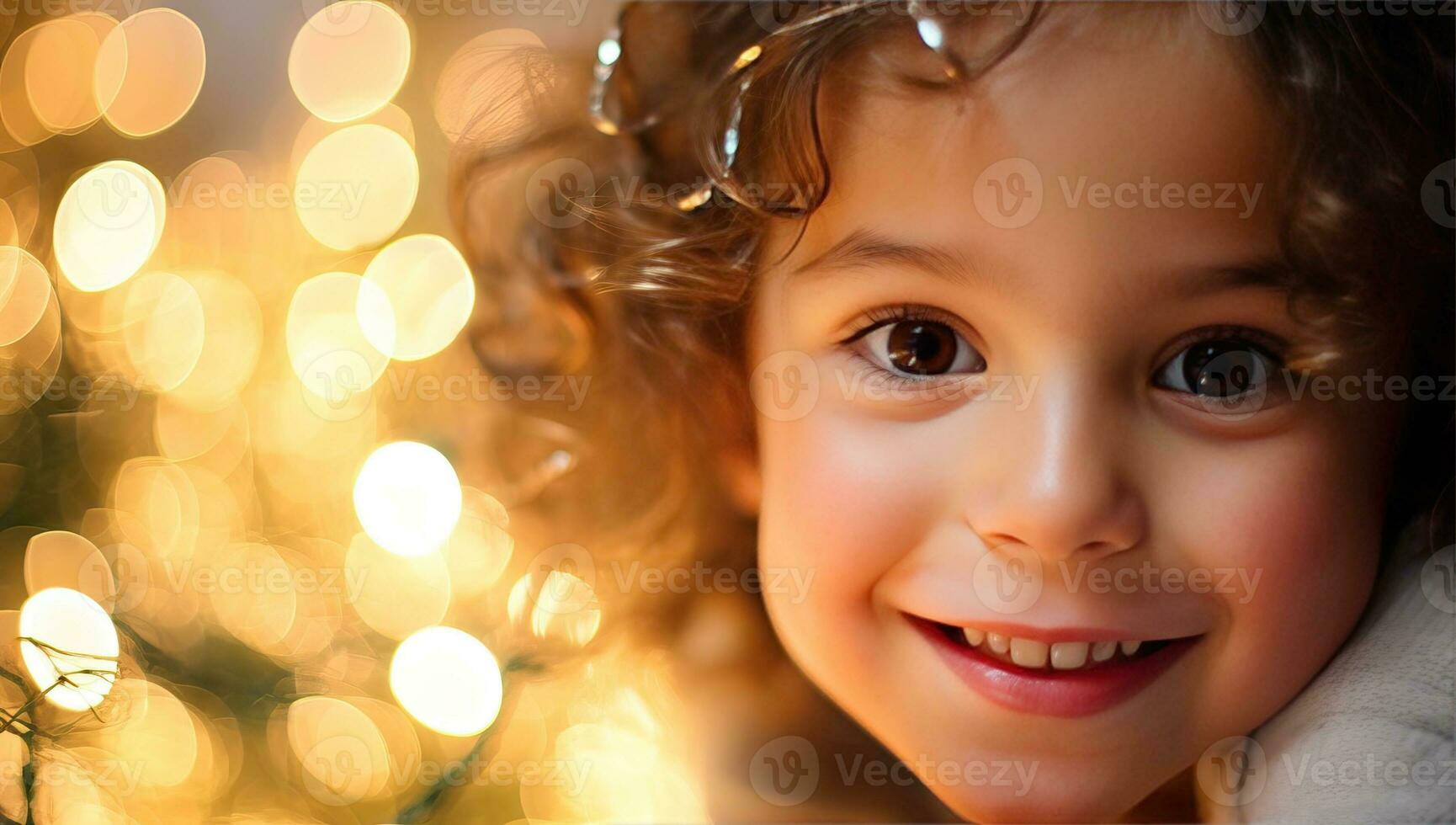 Portrait of a cute little girl with curly hair on a background of Christmas lights. AI Generated. photo