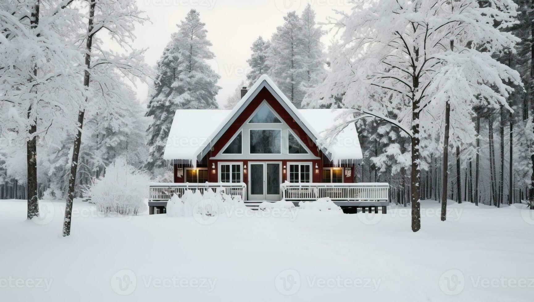 Beautiful wooden house in winter forest. AI Generated. photo