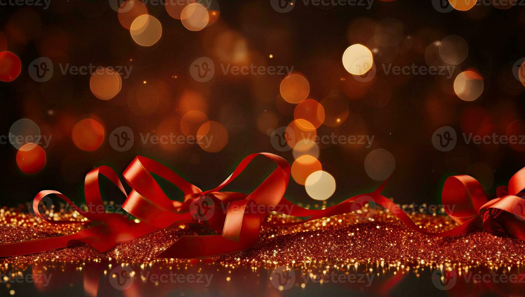 Red ribbon on bokeh background. Christmas and New Year concept. AI Generated. photo