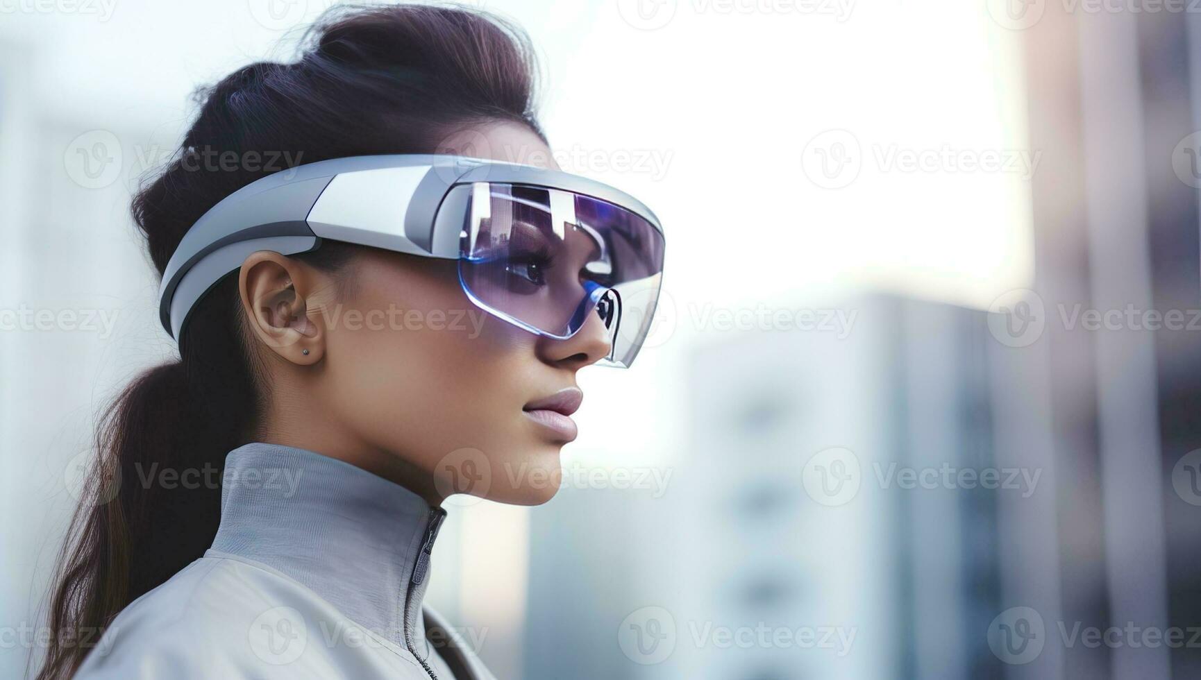 Beautiful young woman wearing virtual reality glasses outdoors. Future technology concept. AI Generated. photo