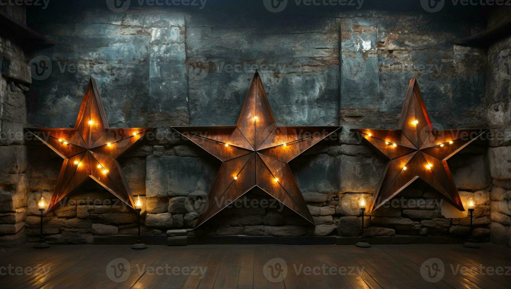 de madera estrella con Navidad luces en el pared. ai generado. foto
