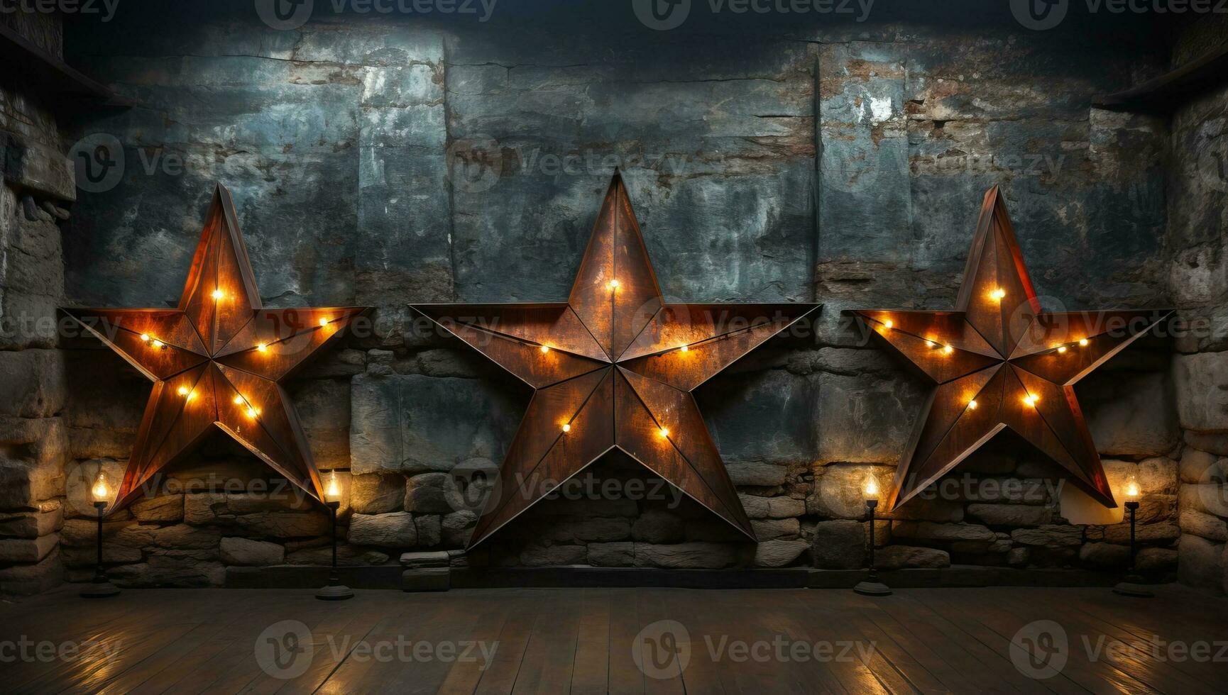 wooden star with christmas lights on the wall. AI Generated. photo