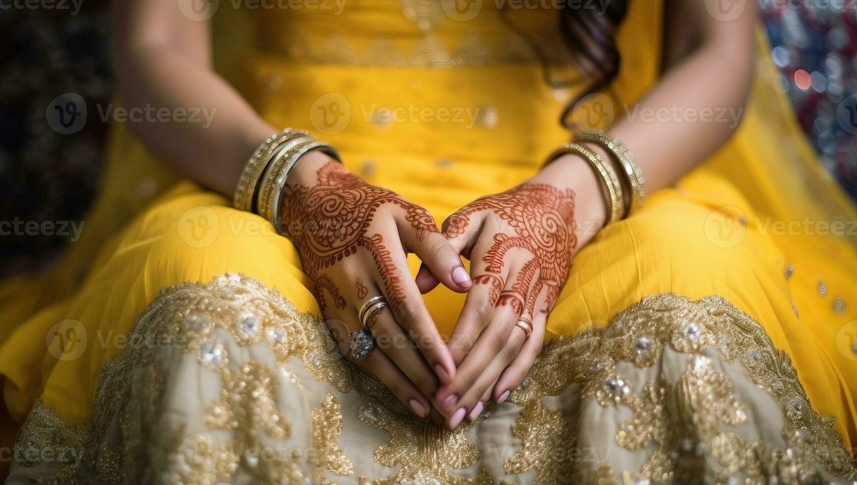 Henna tattoo on the hands of a bride in a traditional dress. AI Generated. photo
