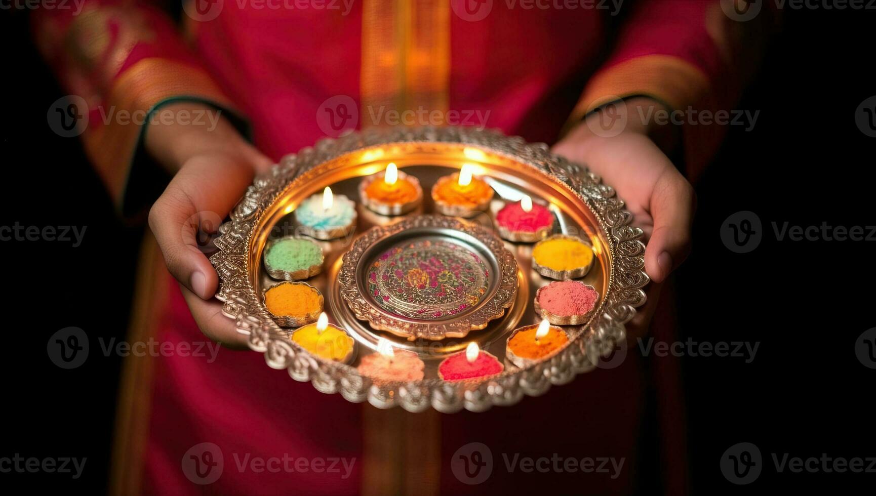 Indian woman holding a plate with oil lamp for Diwali festival. AI Generated. photo