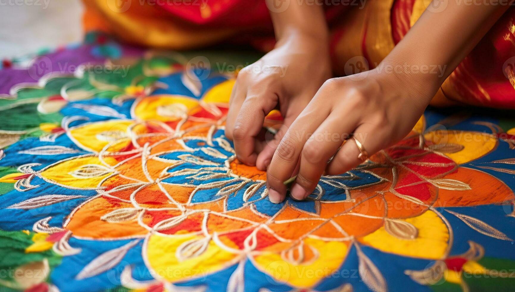 Close up of indian woman hands making indian rangoli. AI Generated. photo