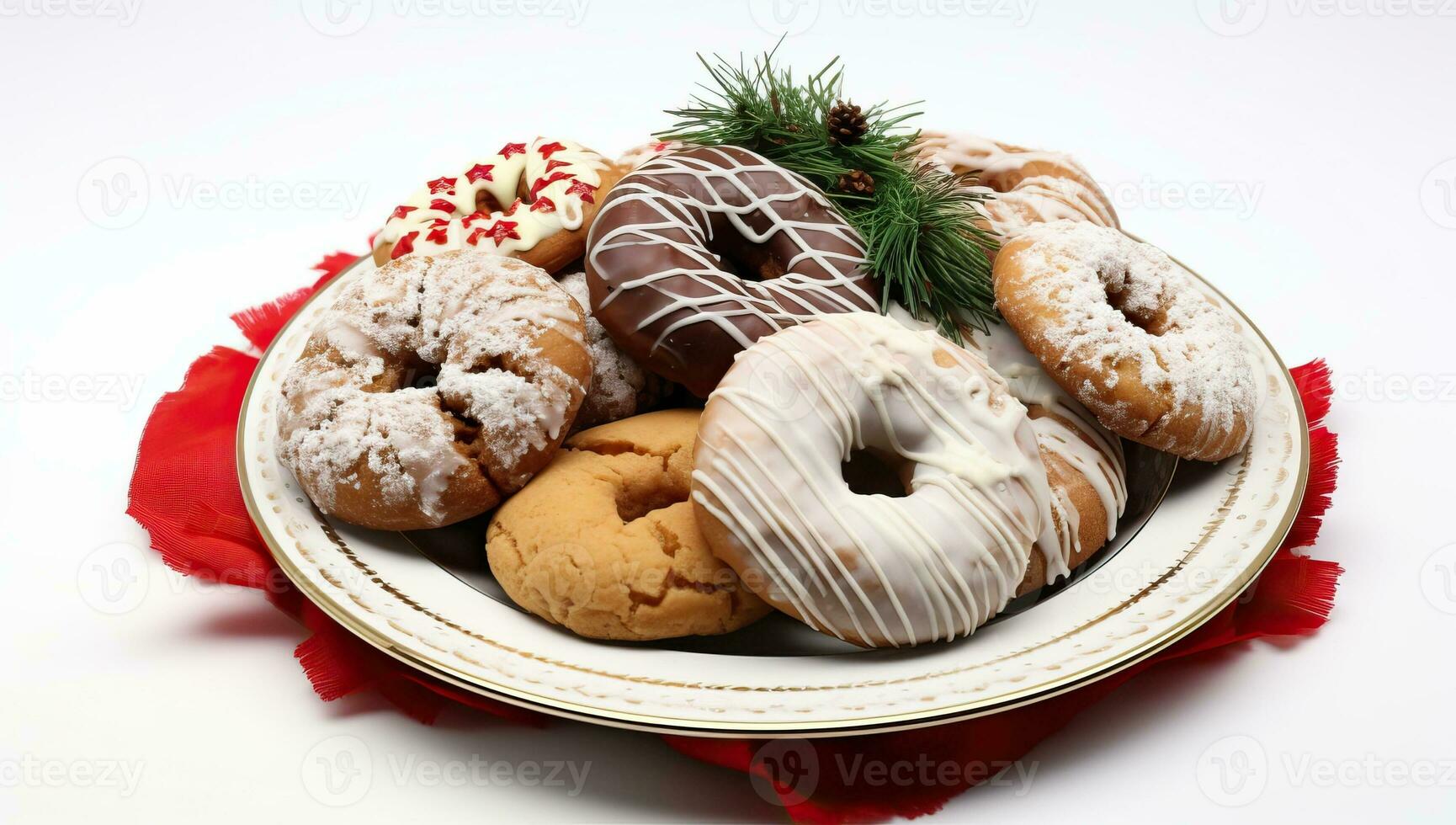 Christmas cookies on a plate on a white background with red napkin. AI Generated. photo