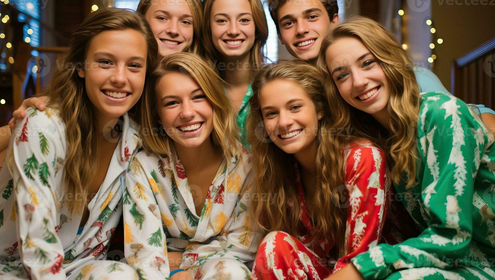 Group of friends in pajamas smiling at camera in the room. AI Generated. photo
