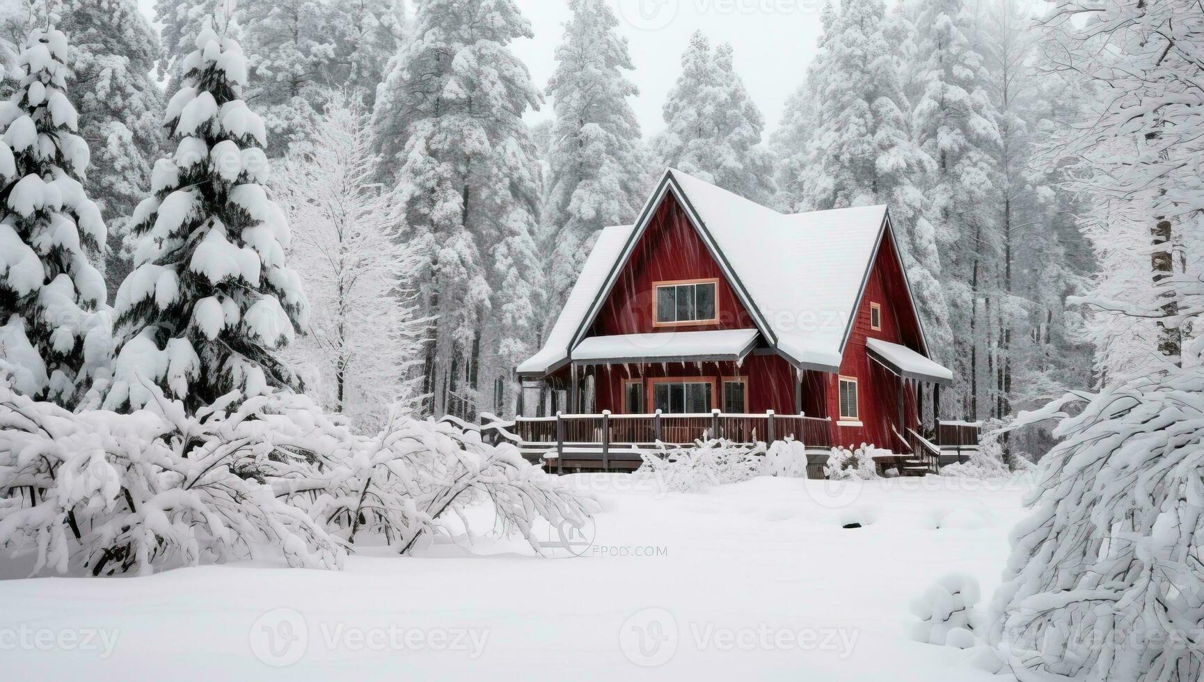 red wooden house in the winter forest. AI Generated. photo