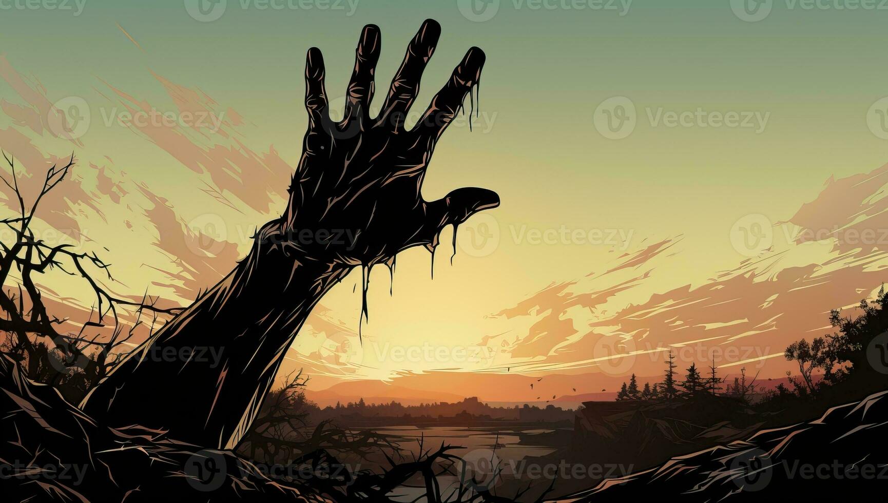 Zombie hand rising out of the dark forest. Halloween background. AI Generated. photo