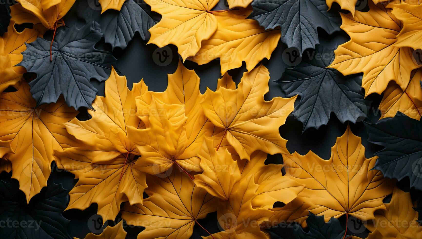 Autumn maple leaves on black background. Flat lay, top view. AI Generated. photo