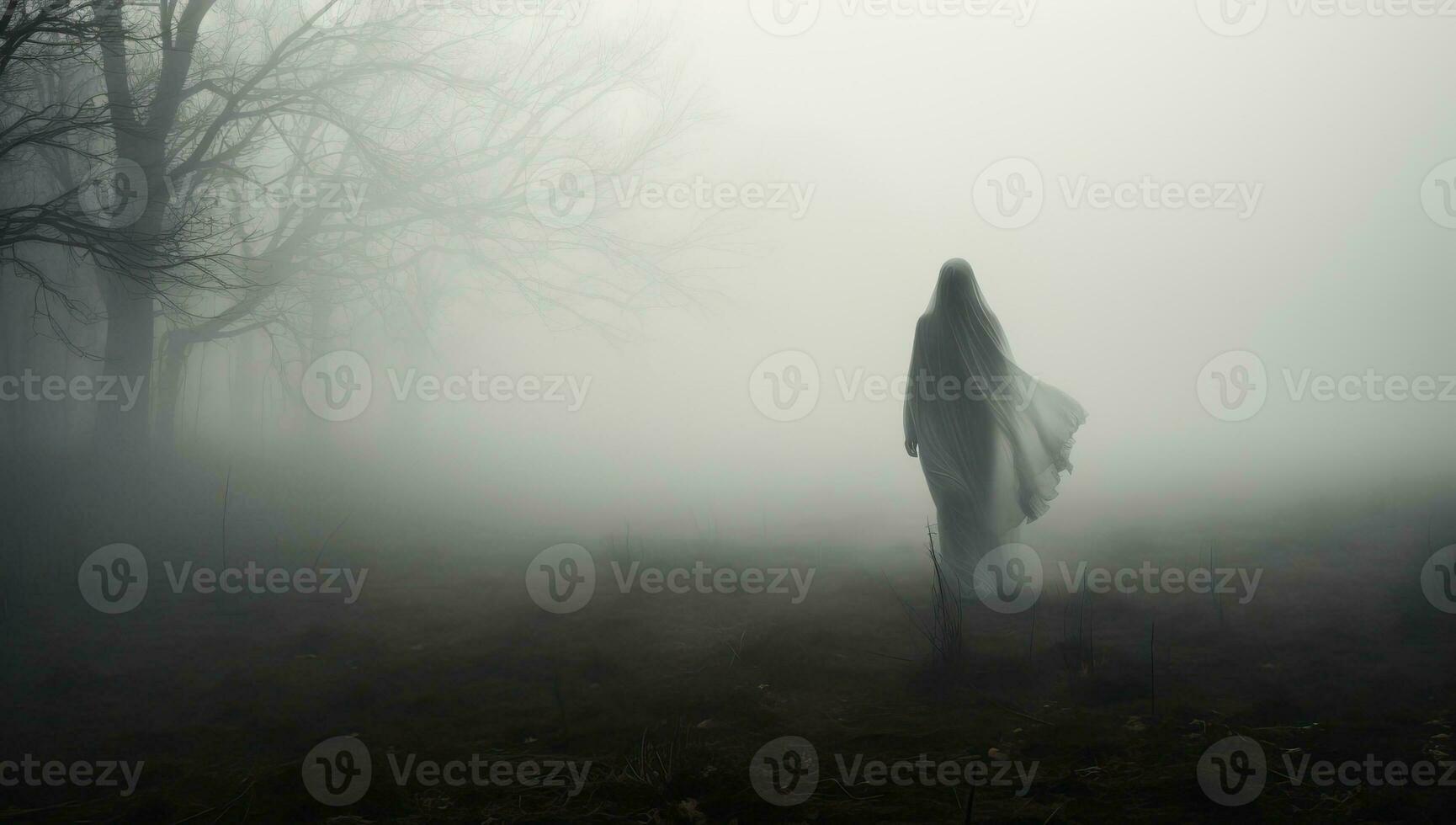 Mysterious woman in a foggy forest. Halloween theme. AI Generated. photo