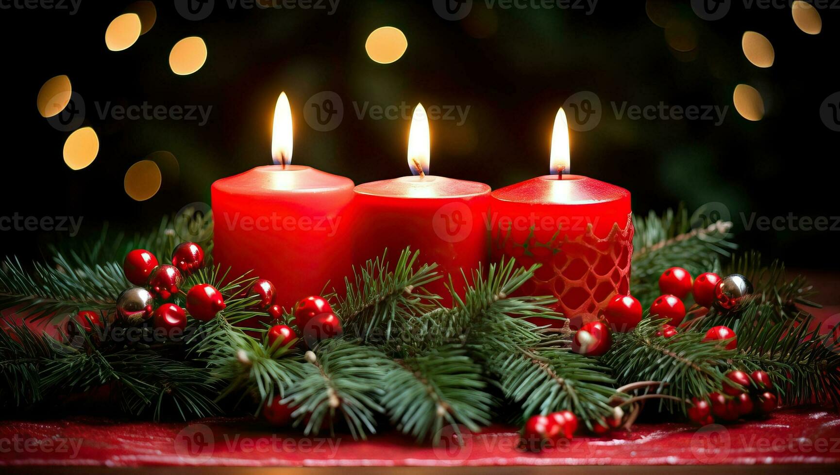 Navidad velas con abeto sucursales, rojo bayas y bokeh antecedentes. ai generado. foto