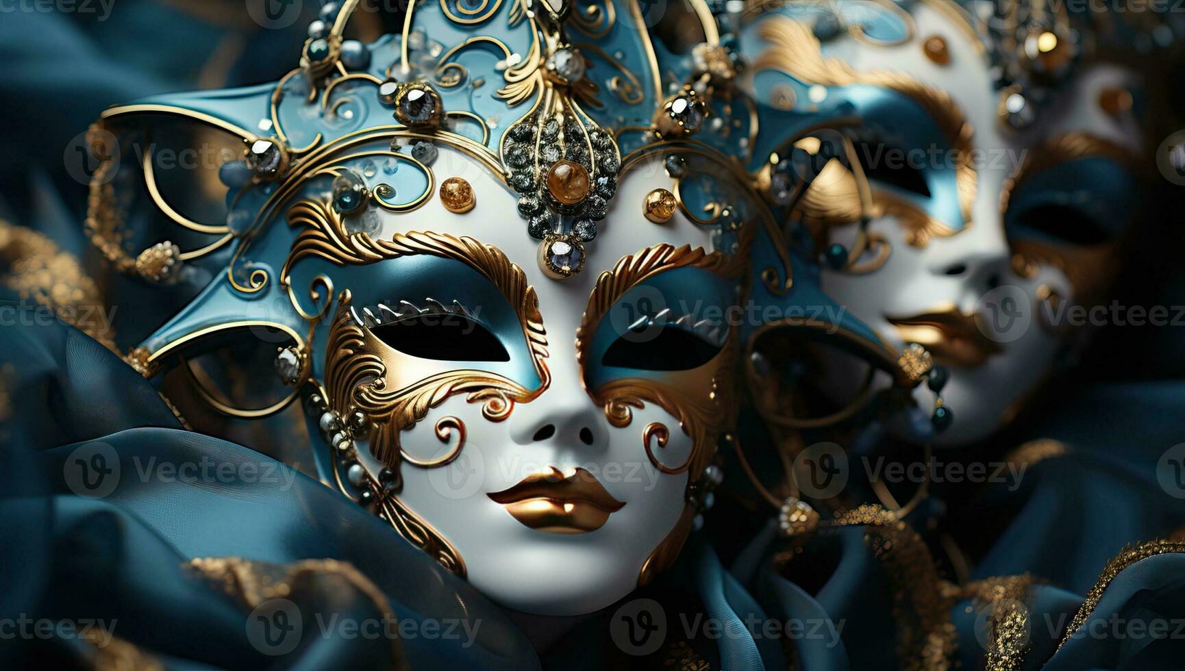 Masks with gold and blue Venetian masks. AI Generated. photo
