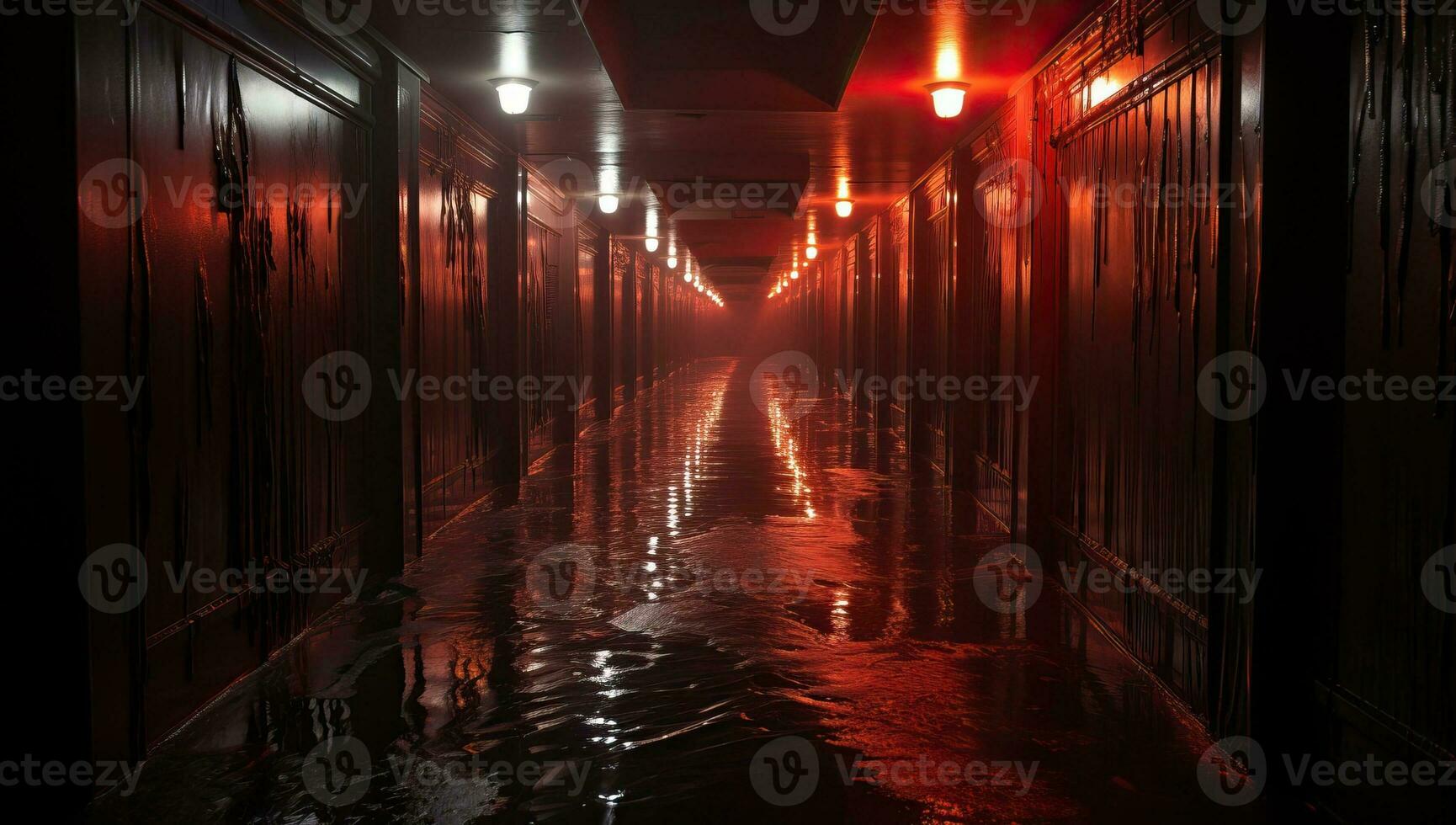 Interior of a corridor in a dark room with red lights. AI Generated. photo