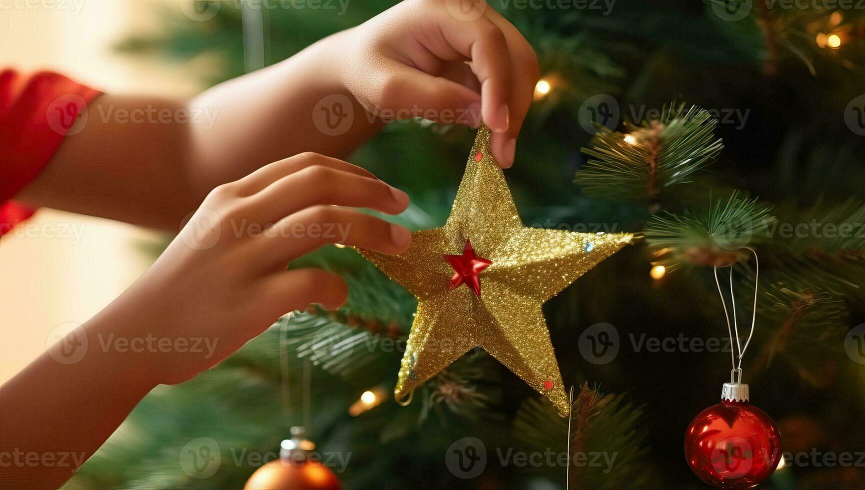 Closeup of child hand decorating Christmas tree with baubles. AI Generated. photo